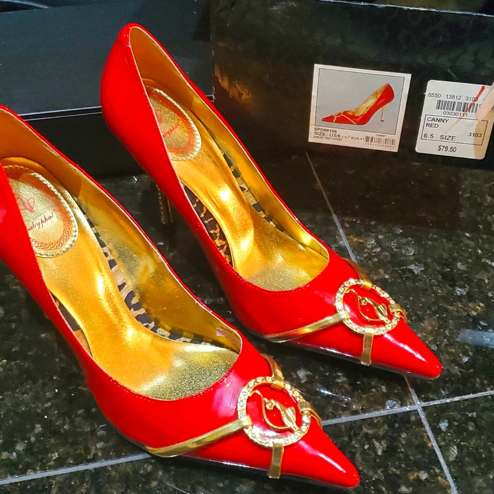 Elaborate Baby Phat Stilettos Red Gold  and Rhinestone Emblem